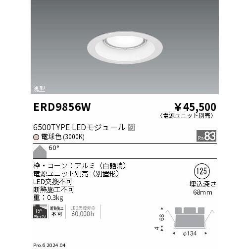 遠藤照明 ERD9856W LEDZ ARCHI ベースダウンライト 浅型白コーン 6500タイプ メタルハライドランプ250W相当 埋込穴φ125 本体のみ 60°拡散配光 電球色_1