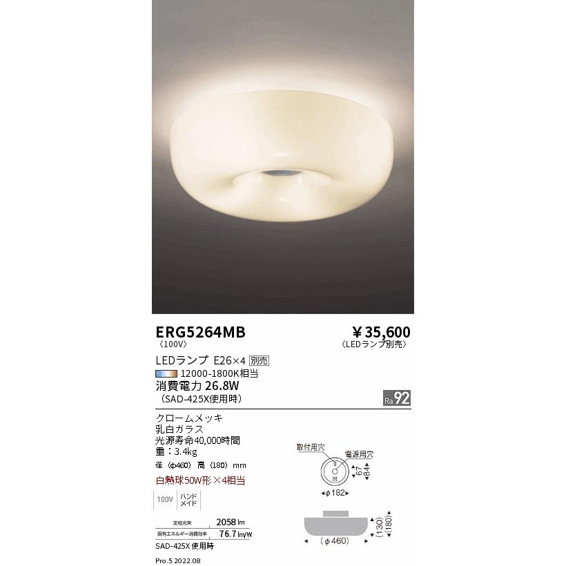 遠藤照明 ERG5264MB LEDシーリングライト 本体のみ ランプ別売(E26) 無線調光対応 要電気工事 施設照明の画像