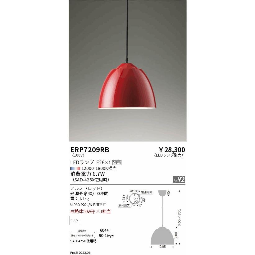 遠藤照明 ERP7209RB LEDZ LAMP ペンダントライト 本体のみ ランプ別売