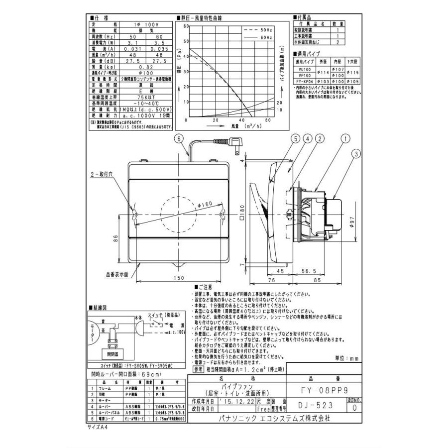 Panasonic（パナソニック） FY-08PP9 パイプファン ピタンコ 居室 洗面