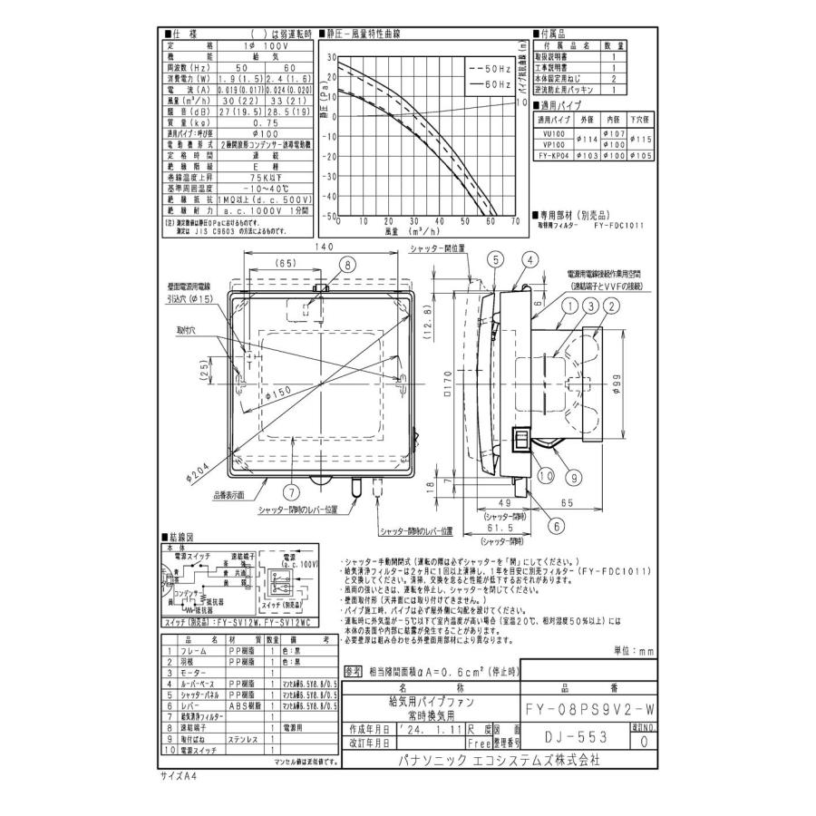 Panasonic（パナソニック） FY-08PS9V2-W パイプファン 給気専用形
