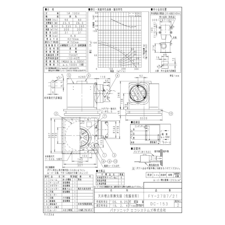 パナソニック　XFY-27B7　21　店舗用　事務所　ホワイト)　天井埋込形換気扇　ホール　低騒音形　廊下　ルーバー組合せ品番(インテリアフィット形　居室　洗面所　トイレ