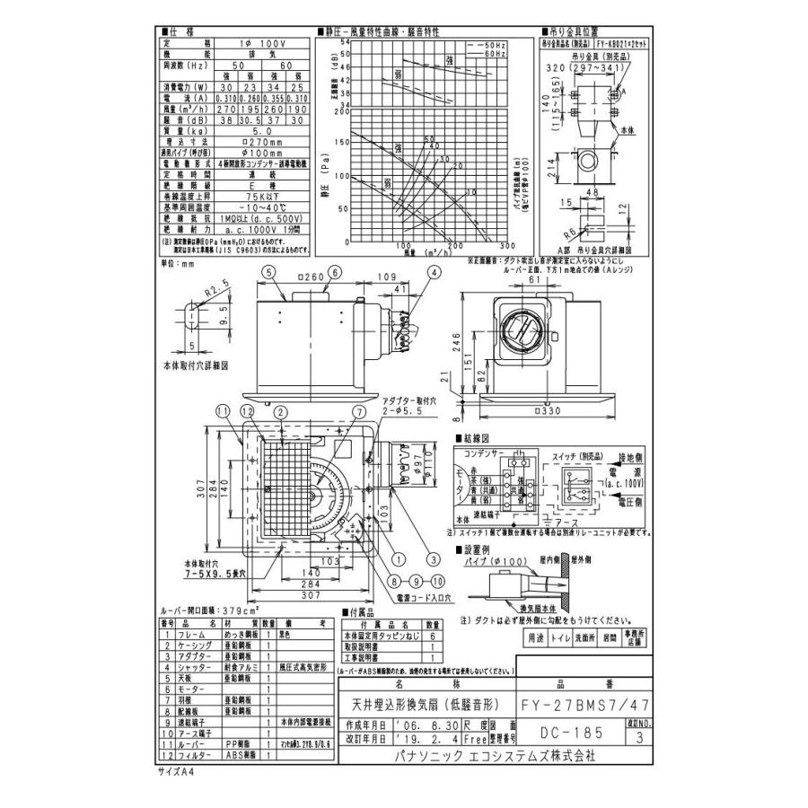 Panasonic（パナソニック） XFY-27BMS7/47 天井埋込形換気扇 ルーバー