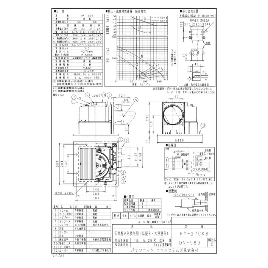 パナソニック FY-27CK8 天井埋込形換気扇 ルーバーセット 大風量形 強 弱速調付 浴室 トイレ 洗面所 居室 廊下 ホール 事務所 店舗用 低騒音形 300立方m/h