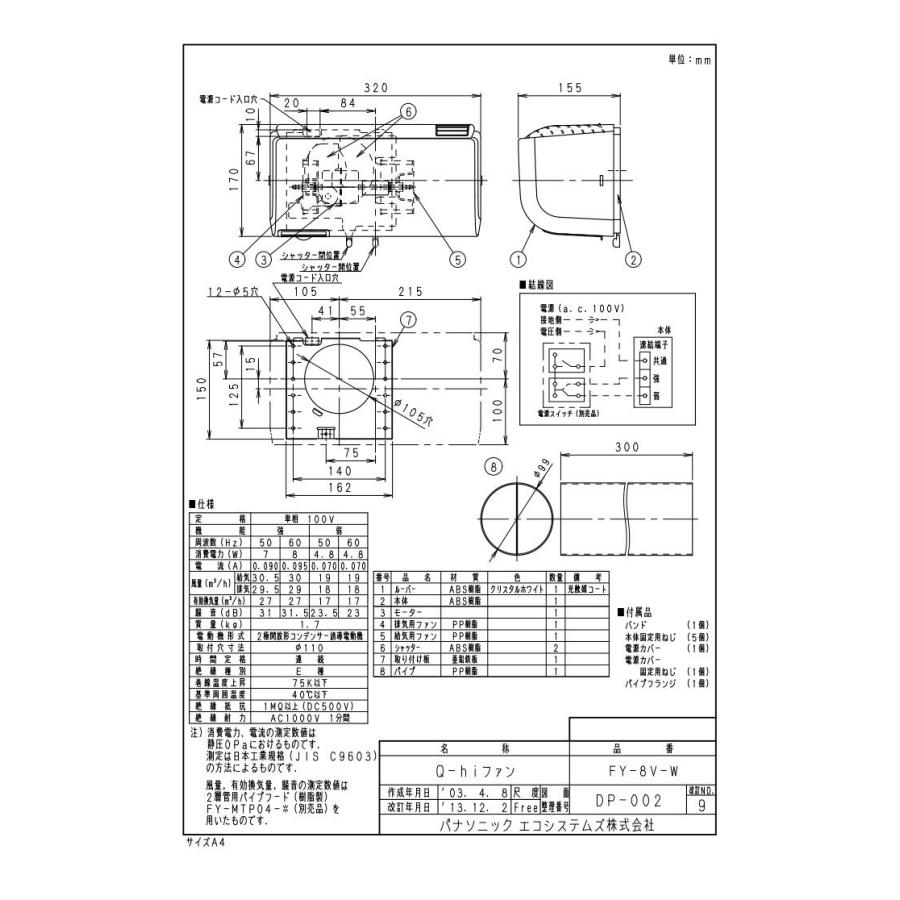 Panasonic（パナソニック） FY-8V-W Q-hiファン 壁掛形 1パイプ方式