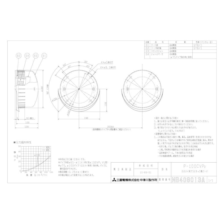 三菱電機 P-100CVP3 換気扇 ロスナイ用システム部材 壁掛2パイプ取付タイプ・ダクト用 プラスチック製フード｜takarapro｜02