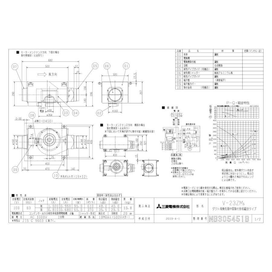 V-23ZM5 三菱電機 中間取付形ダクト用ファン 低騒音形／事務所・施設・店舗用 三菱（MITSUBISHI） 三菱電機 V-23ZM5 中間取付形ダクトファン 事務所