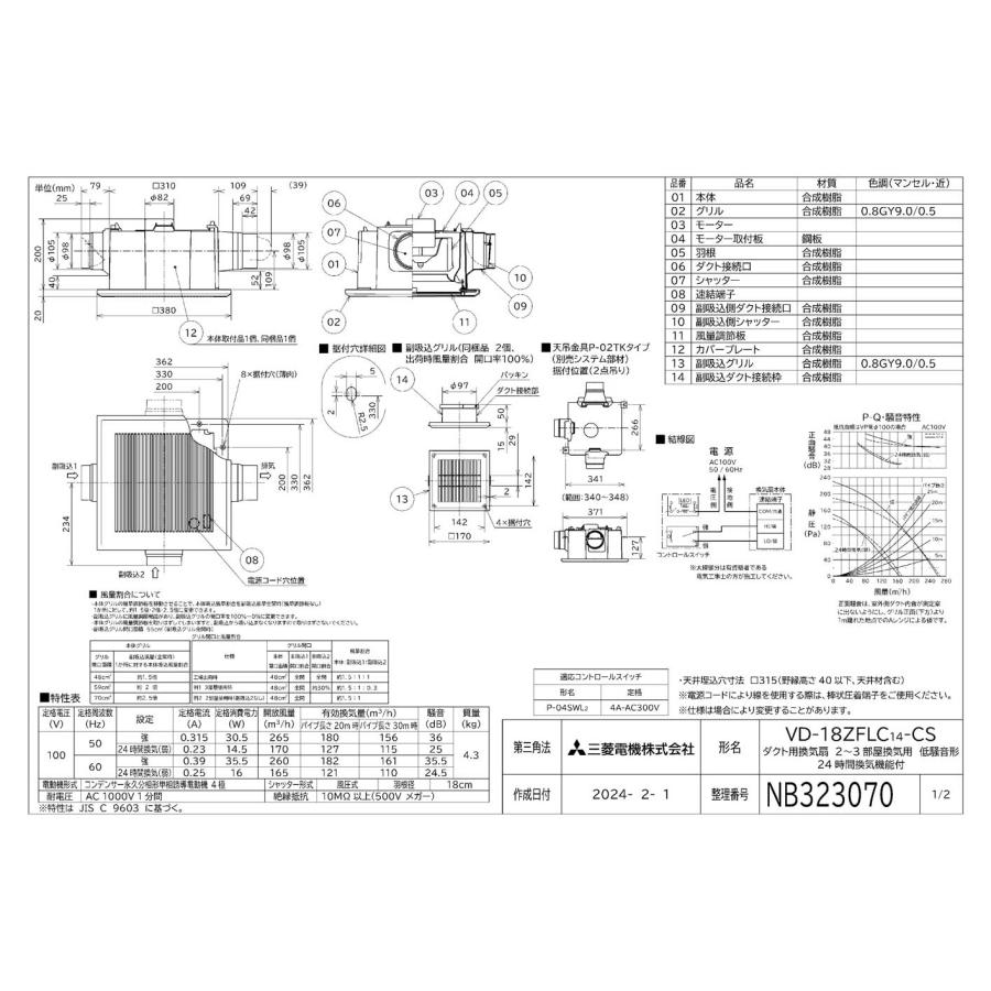 三菱（MITSUBISHI） 三菱電機 VD-18ZFLC14-CS ダクト用換気扇 天井埋込