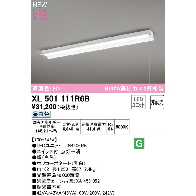オーデリック XL501111R6B LEDベースライト LED-LINE R15高演色 クラス2 直付型 反射笠付(プルスイッチ付) 40形 Hf32W高出力×2灯相当 非調光 昼白色5000Kの画像