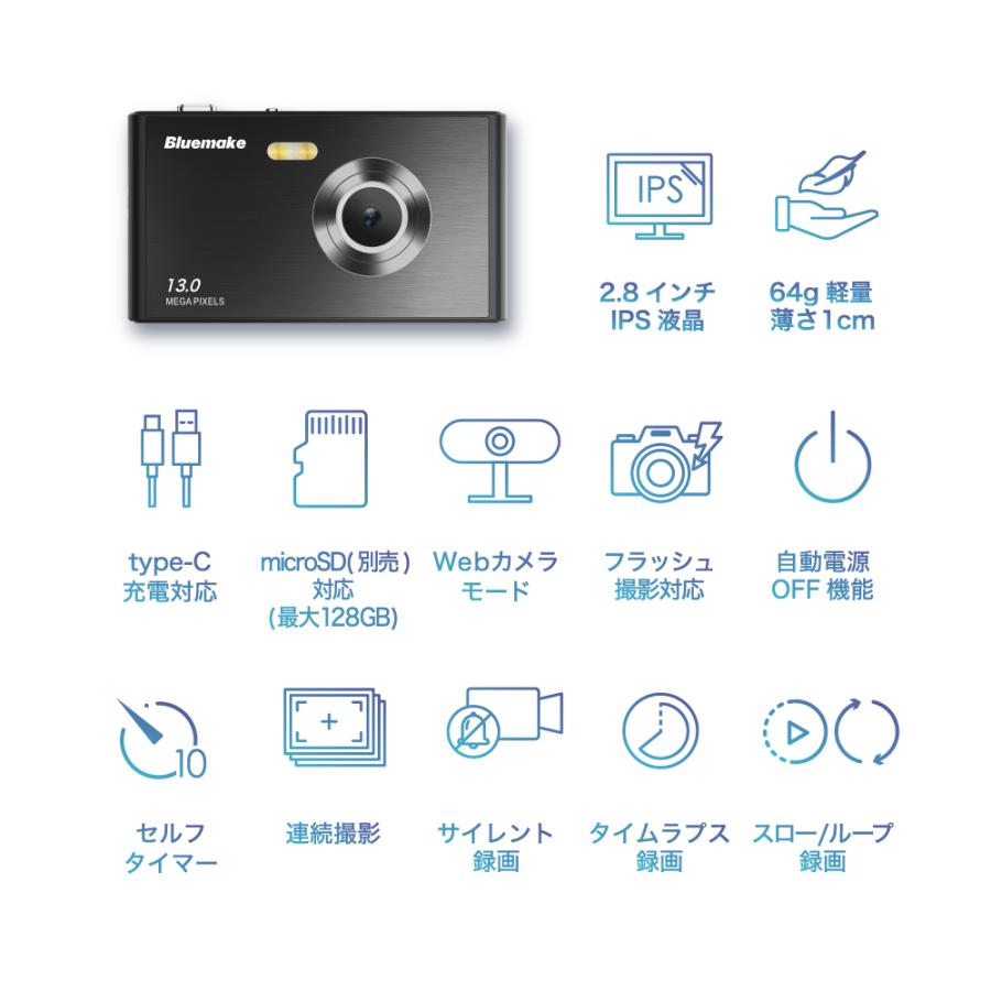 スリムカメラ ブラック 有効画素数1300万 5K動画 オートフォーカス