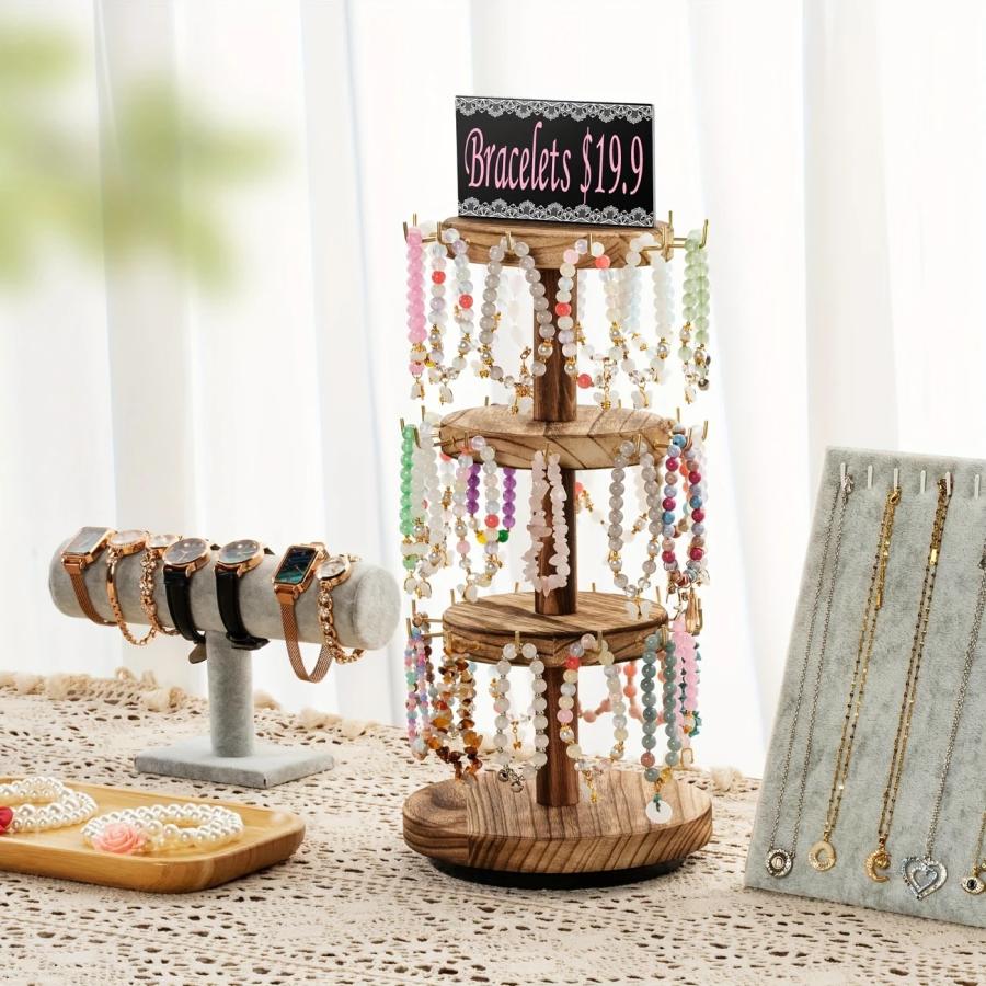 3段回転式ブレスレット＆キーホルダー収納スタンド 木製ディスプレイ台