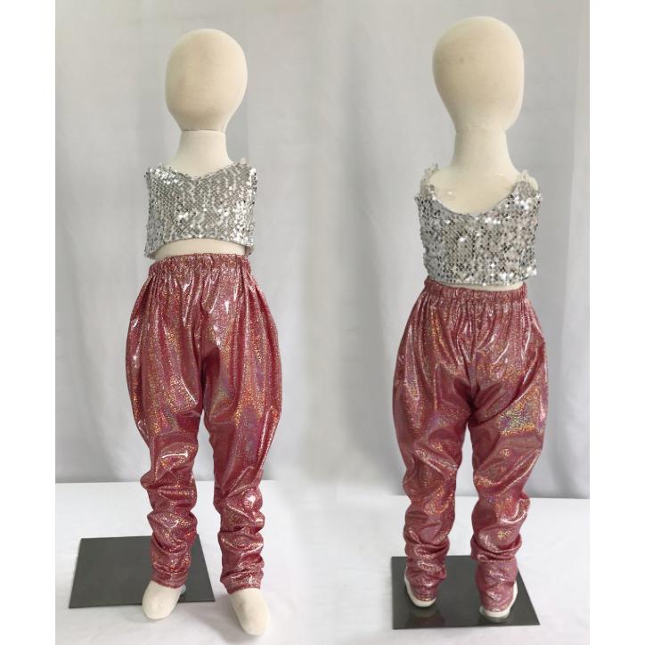 e037【ダンス衣装】キッズ メタリック ホログラム サルエルパンツ【9色