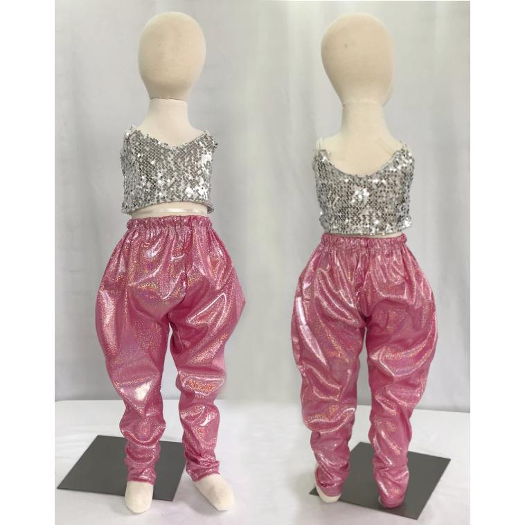 e037【ダンス衣装】キッズ メタリック ホログラム サルエルパンツ【9色