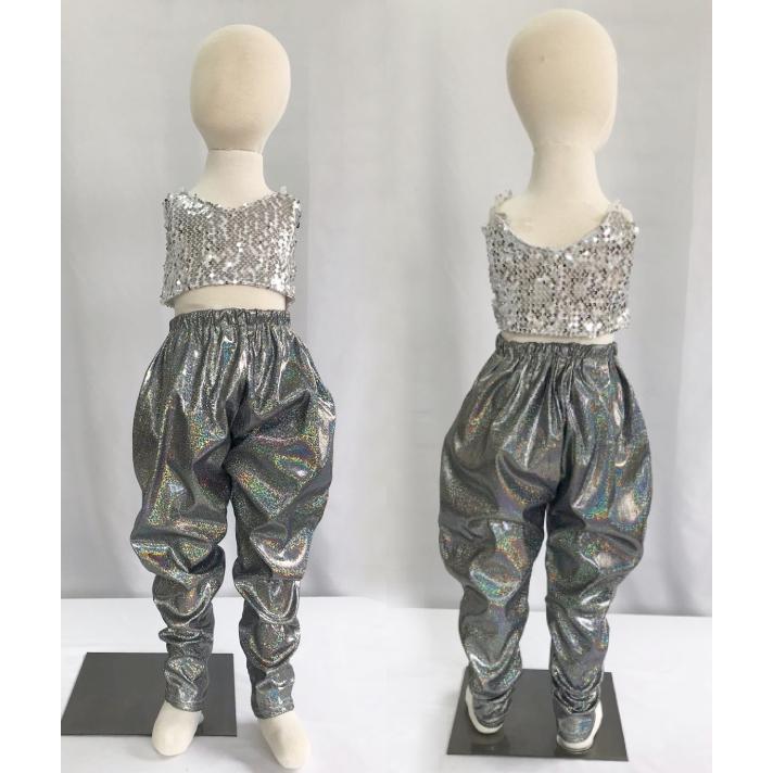 e037【ダンス衣装】キッズ メタリック ホログラム サルエルパンツ【9色
