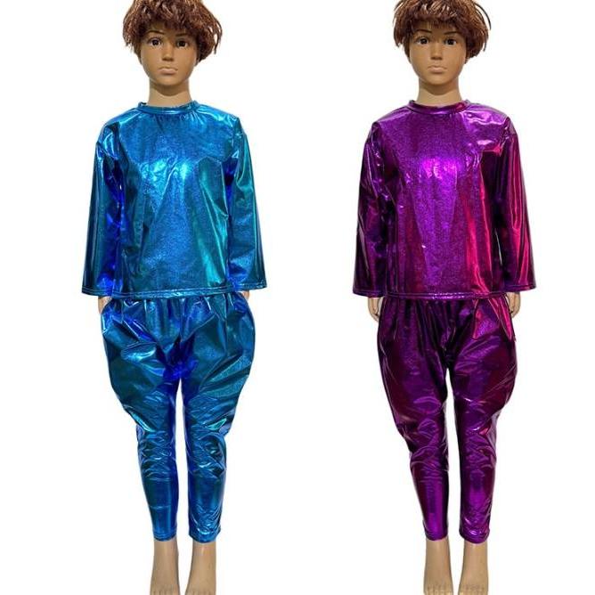 e037【ダンス衣装】キッズ メタリック ホログラム サルエルパンツ【9色