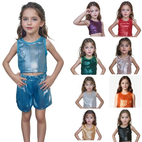 f034【ダンス衣装】ショートタンクトップ　光沢ありキラキラ　トップス　ホログラム　メタリック【3色】カットソー子供大人エナメル　ヒップホップキャミソール | 