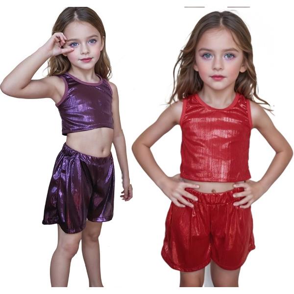 f034【ダンス衣装】ショートタンクトップ　光沢ありキラキラ　トップス　ホログラム　メタリック【3色】カットソー子供大人エナメル　ヒップホップキャミソール |  | 01