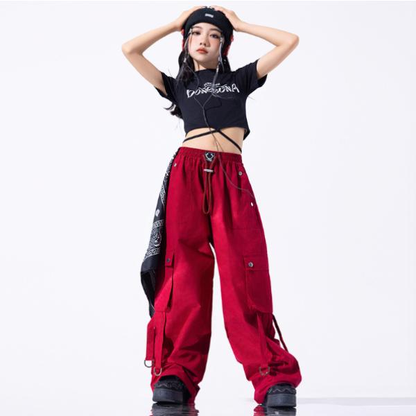 黒赤 ニット帽子 デニム キッズ ダンス衣装 ヒップホップ ジャズ 女の子 ジャズダンス セットアップ チア 子供服トップス スカート パンツ k-pop 衣装 jazz団体 | 