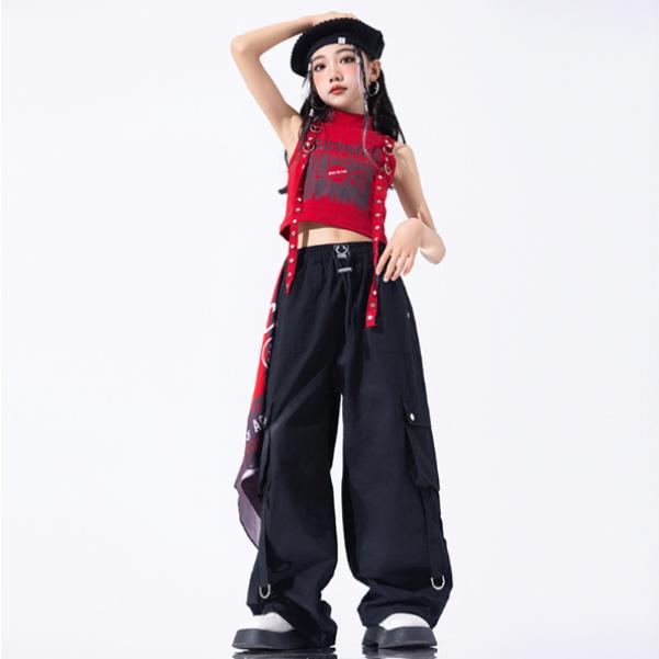 ベリーダンス 衣装 セットアップ Popな赤 黒 Ladybug♡ 黒赤 ニット帽子 デニム キッズ ダンス衣装 ヒップホップ ジャズ
