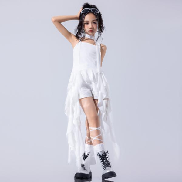 白 ホワイト シフォン スカーフ付 キッズ ダンス衣装 ヒップホップ
