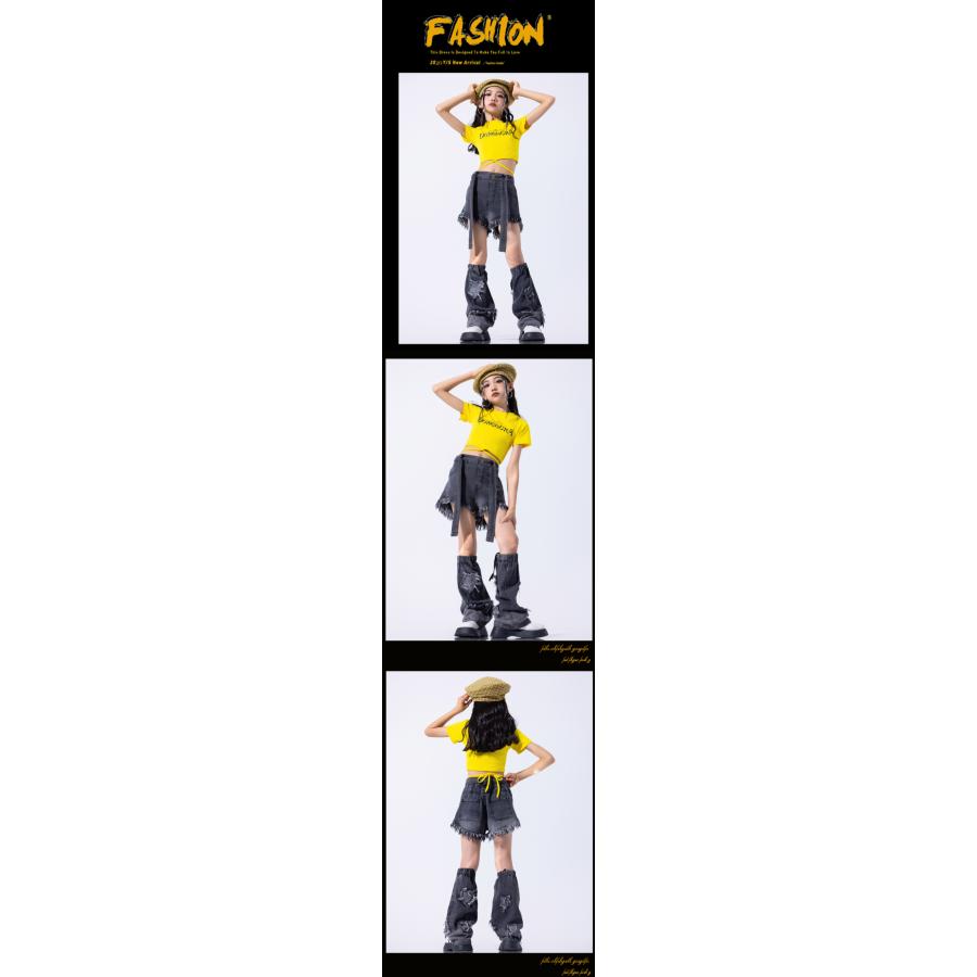 グレー 黄イエローデニム キッズ ダンス衣装 ヒップホップ ジャズ