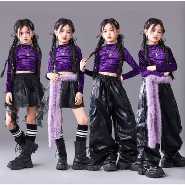 黒 紫 レザーファー レース キッズ ダンス衣装 ヒップホップ 女の子 ジャズダンス セットアップ チア 子供服 トップス パンツ k-pop 衣装 jazz hiphop韓国 | 
