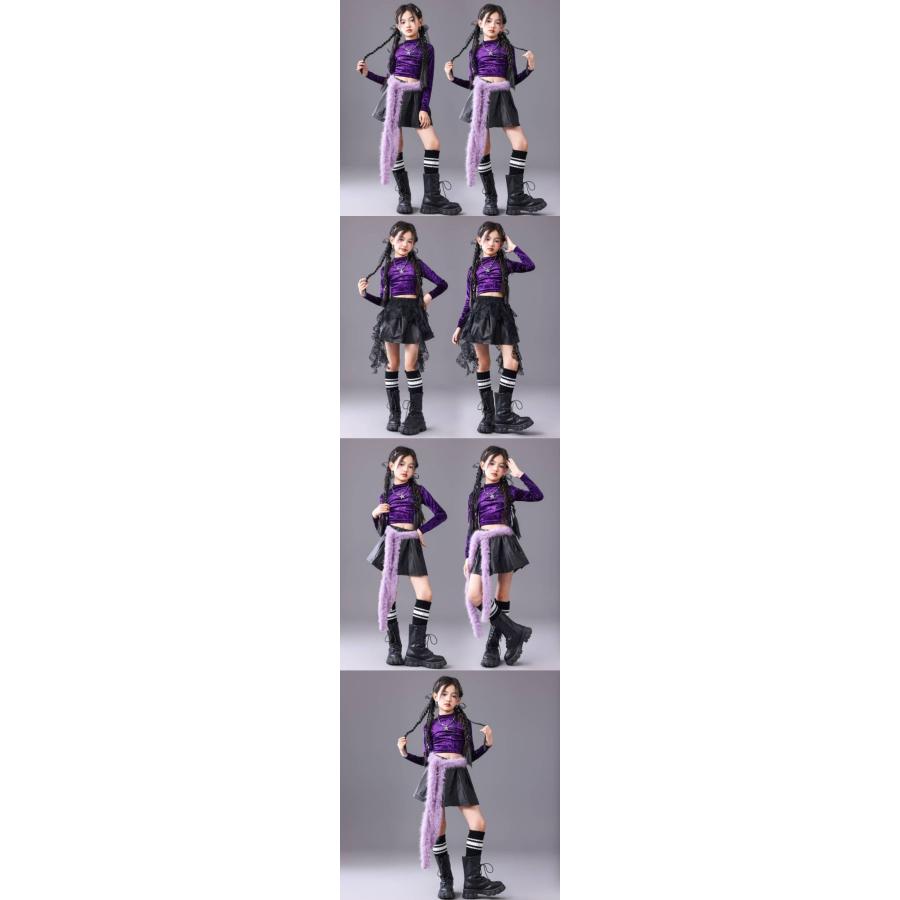 黒 紫 レザーファー レース キッズ ダンス衣装 ヒップホップ 女の子 ジャズダンス セットアップ チア 子供服 トップス パンツ k-pop 衣装 jazz hiphop韓国 |  | 01