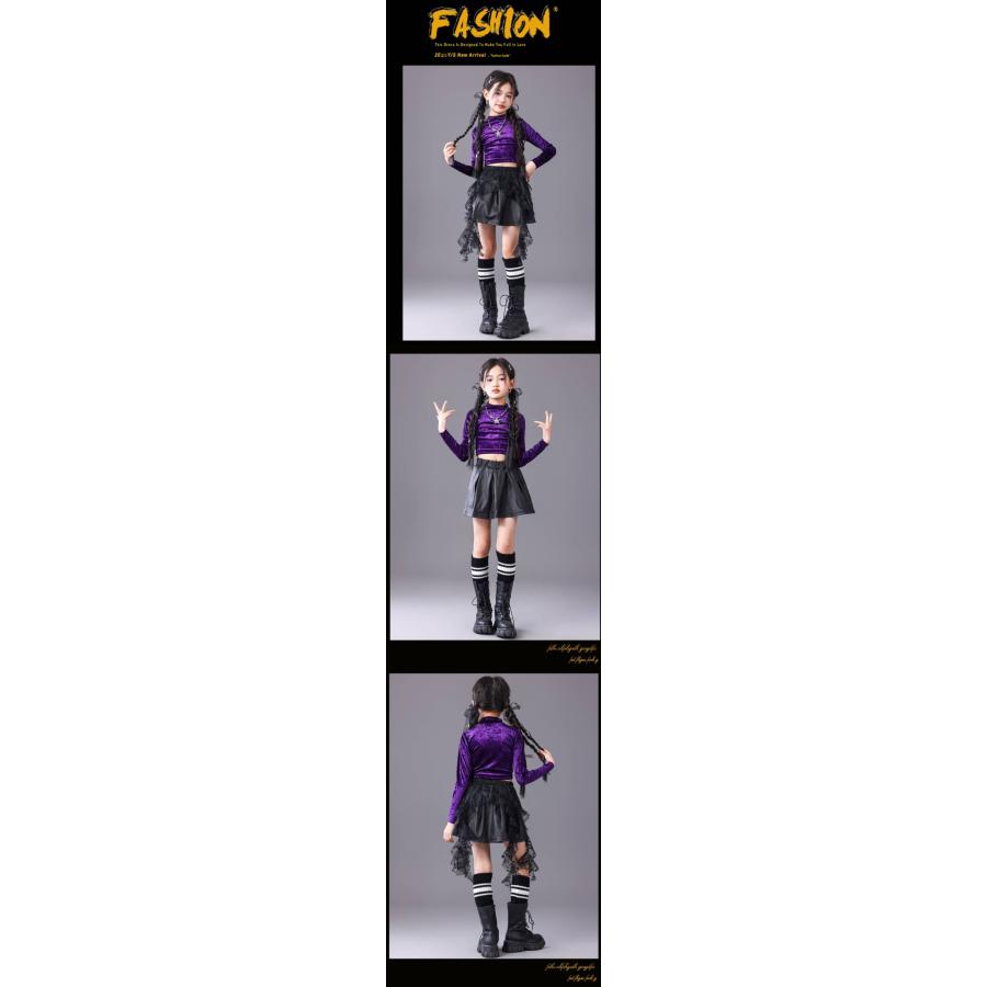 黒 紫 レザーファー レース キッズ ダンス衣装 ヒップホップ 女の子 ジャズダンス セットアップ チア 子供服 トップス パンツ k-pop 衣装 jazz hiphop韓国 |  | 02