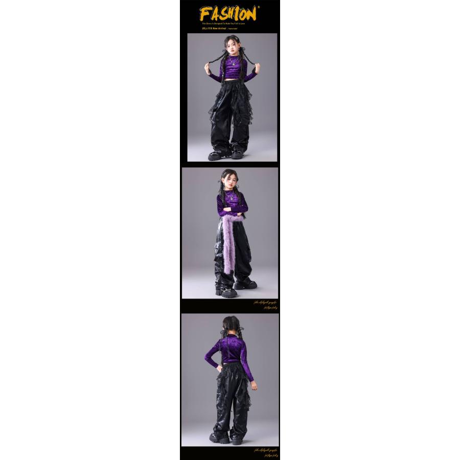 黒 紫 レザーファー レース キッズ ダンス衣装 ヒップホップ 女の子 ジャズダンス セットアップ チア 子供服 トップス パンツ k-pop 衣装 jazz hiphop韓国 |  | 03