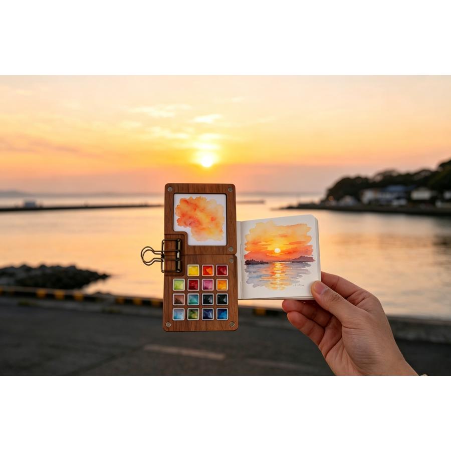 良木工房YOSHIKI 水彩絵具セット 12色 6ml ミニ水彩パレット 水彩ペン3