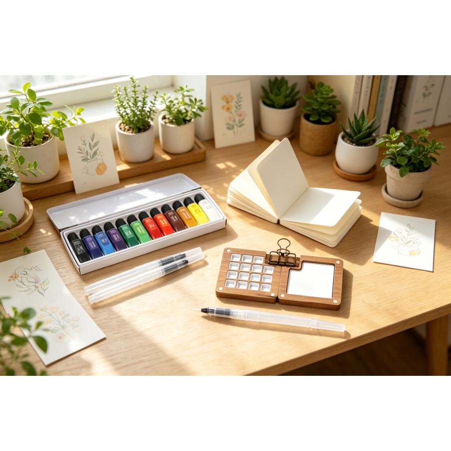 良木工房YOSHIKI 水彩絵具セット 12色 6ml ミニ水彩パレット 水彩ペン3