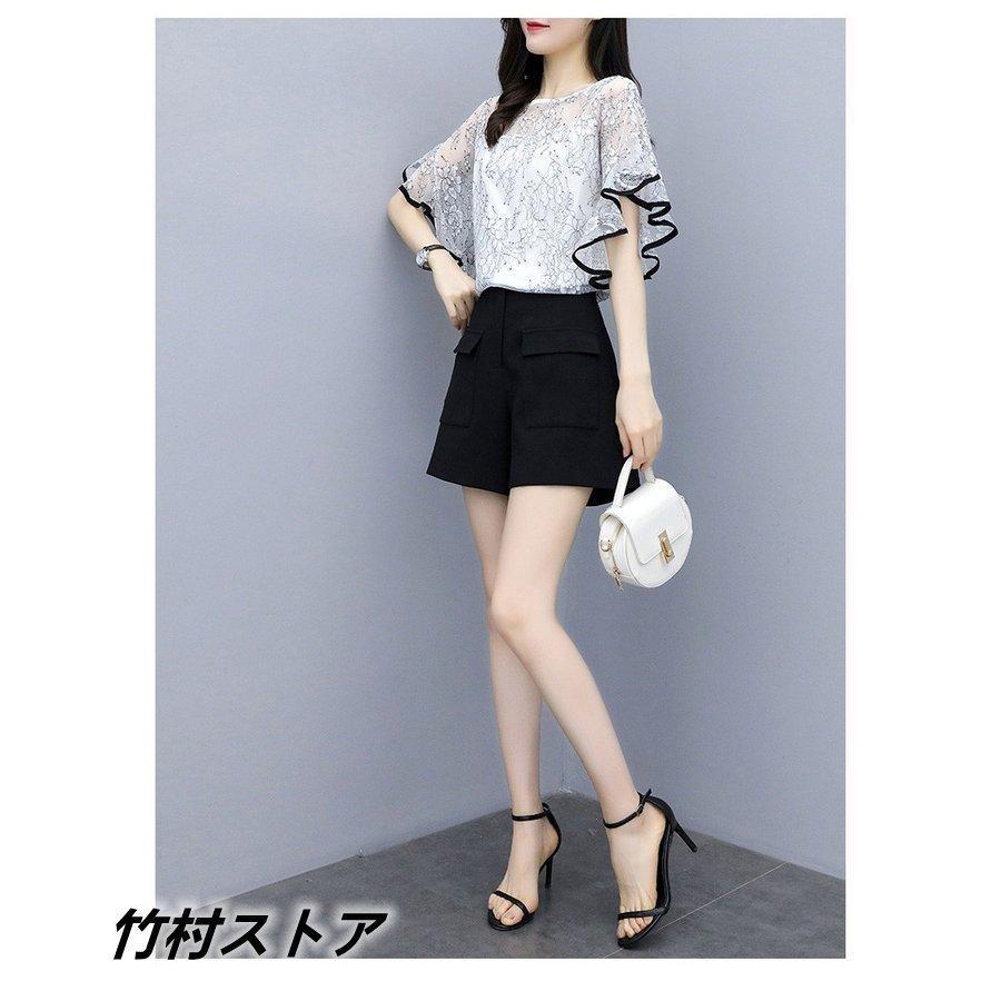 注文割引 通勤 おしゃれセットアップ フレア袖 レースブラウス ショットパンツ 半袖セットアップ通勤 春夏 40代 レディース セットアップ 韓国風 新作 大人 着痩せ セットアップ サイズ S Detpc Com