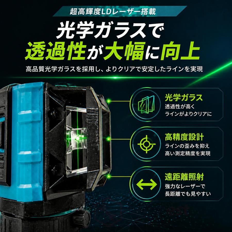 レーザー墨出し器 16ライン 水平器 4x360° グリーンレーザー リモコン