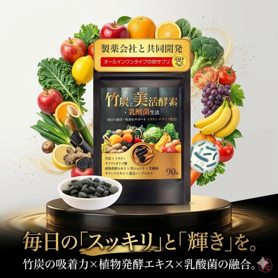 炭サプリ タブレット90粒 1〜3ヵ月分 自社竹炭パウダー使用 酵素 乳酸菌 菌活 吸着 イヌリン サラシア 製薬会社共同開発 ポスト投函 | 