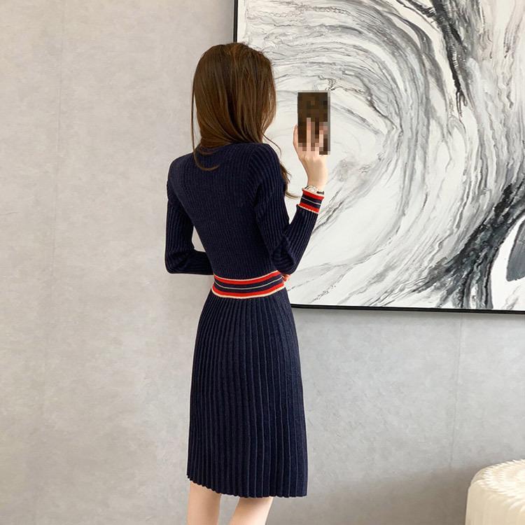 ニットワンピース ネイビー Aラインワンピース プリーツスカート