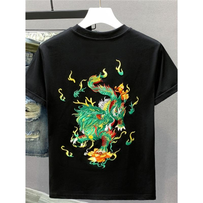 【2枚セット】新品タグ付き　45R Tシャツ　柔らか素材　R刺繍 半袖Tシャツ 和柄刺繍 メンズ 刺繍 圖騰 麒麟 白Tシャツ 黒T