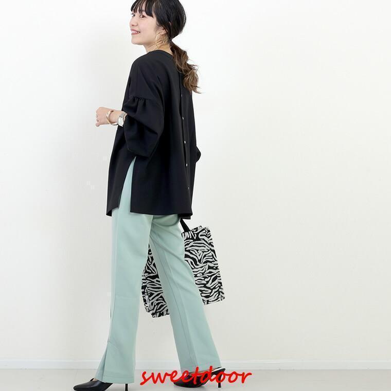 ブラウス 後ろボタン シャーリング バンドカラー スキッパー