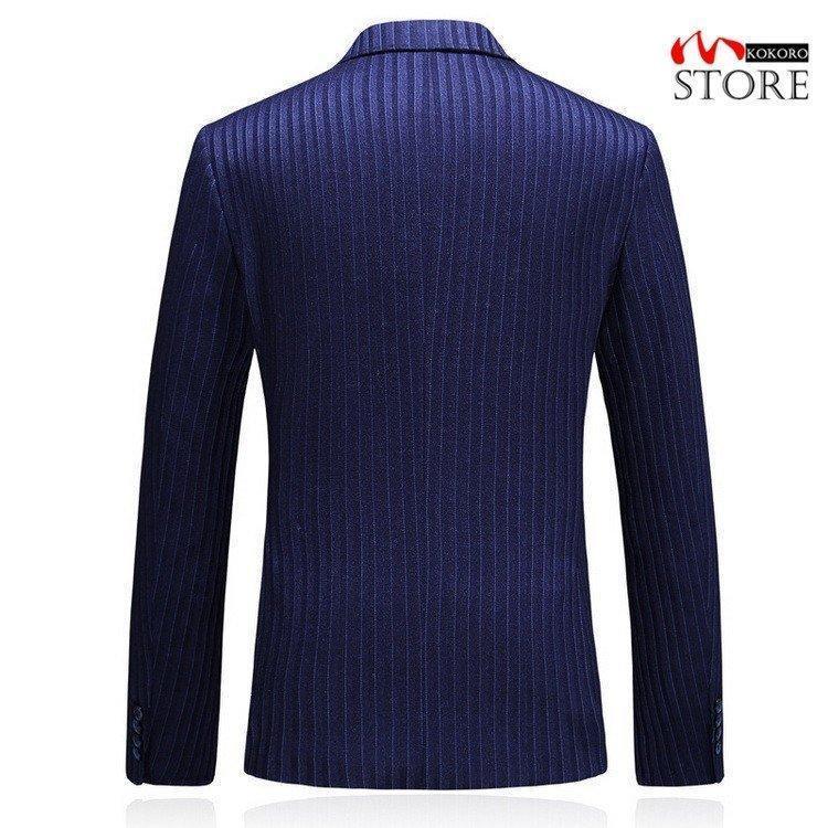 ダークブルー ストライプ スリーピース ビジネススーツ 4XL メンズ 3ピーススーツ ダブルスーツ 6つボタン スリーピース