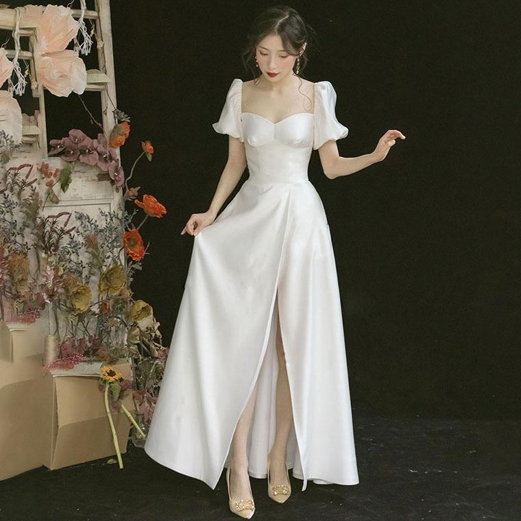 謝恩会、音楽発表会・ウエディングドレス ウェディングドレス白 パーティードレス オフショルダー 露背