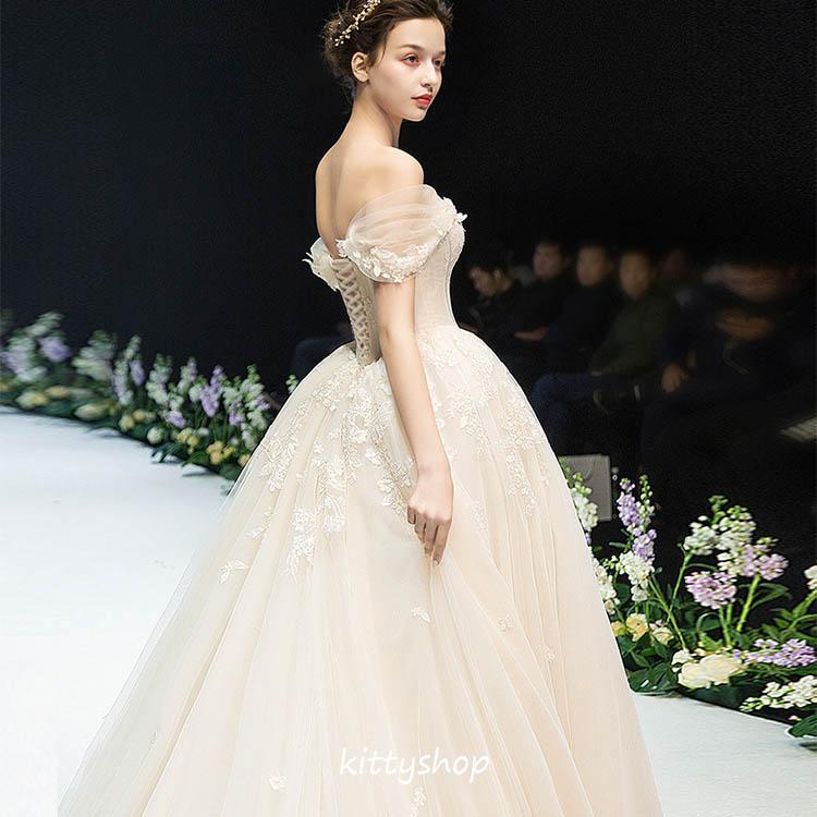 ウェディングドレス 袖あり オフショルダー ブライダルドレス 花嫁ドレス レース ロングドレス 結婚式ドレス 二次会ドレス 挙式 シャンパン色_2
