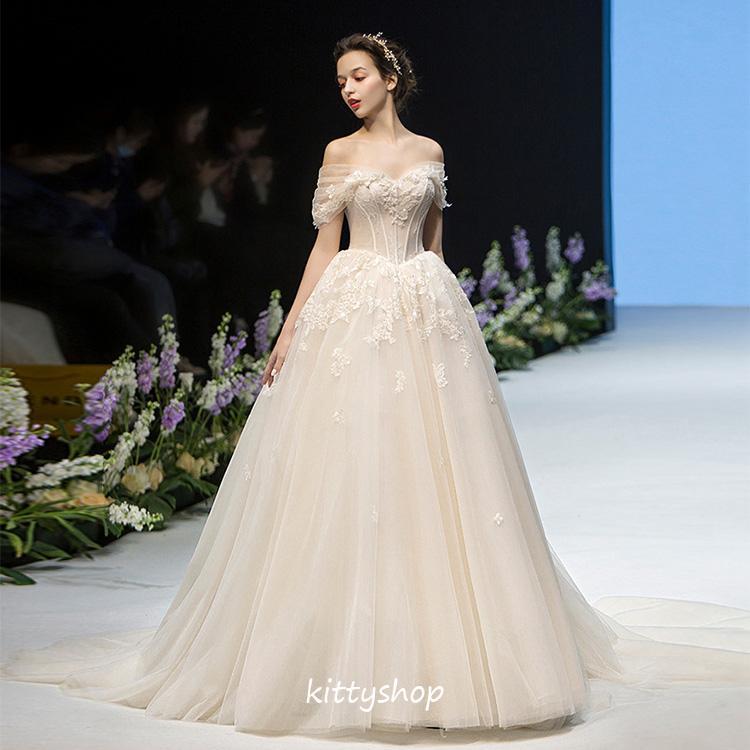 ウェディングドレス 袖あり オフショルダー ブライダルドレス 花嫁ドレス レース ロングドレス 結婚式ドレス 二次会ドレス 挙式 シャンパン色_3