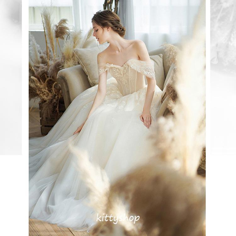 ウェディングドレス 袖あり オフショルダー ブライダルドレス 花嫁ドレス レース ロングドレス 結婚式ドレス 二次会ドレス 挙式 シャンパン色_7