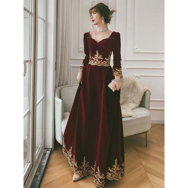 ベロア ベルベット ゲストドレス 結婚式ドレス ワイン赤 冬 長袖