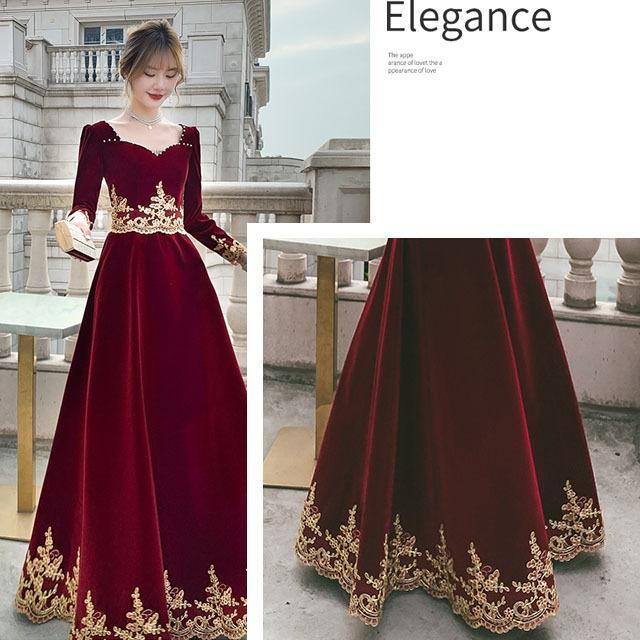 ベロア ベルベット ゲストドレス 結婚式ドレス ワイン赤 冬 長袖