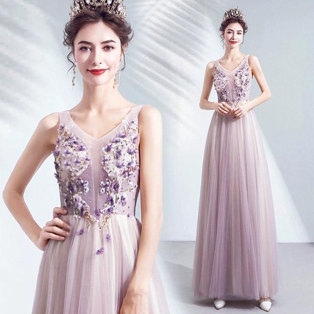 パープル イブニングドレス ロング Vネック ノースリーブ パーティー