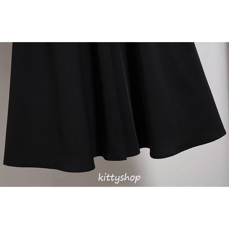 特価】ワンピース 長袖 vネック 襟付き 黒 ブラック Aライン