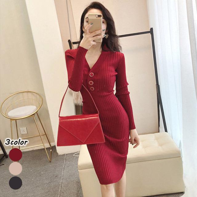 大特価】ワイン赤 ニットワンピース Vネック タイトワンピース