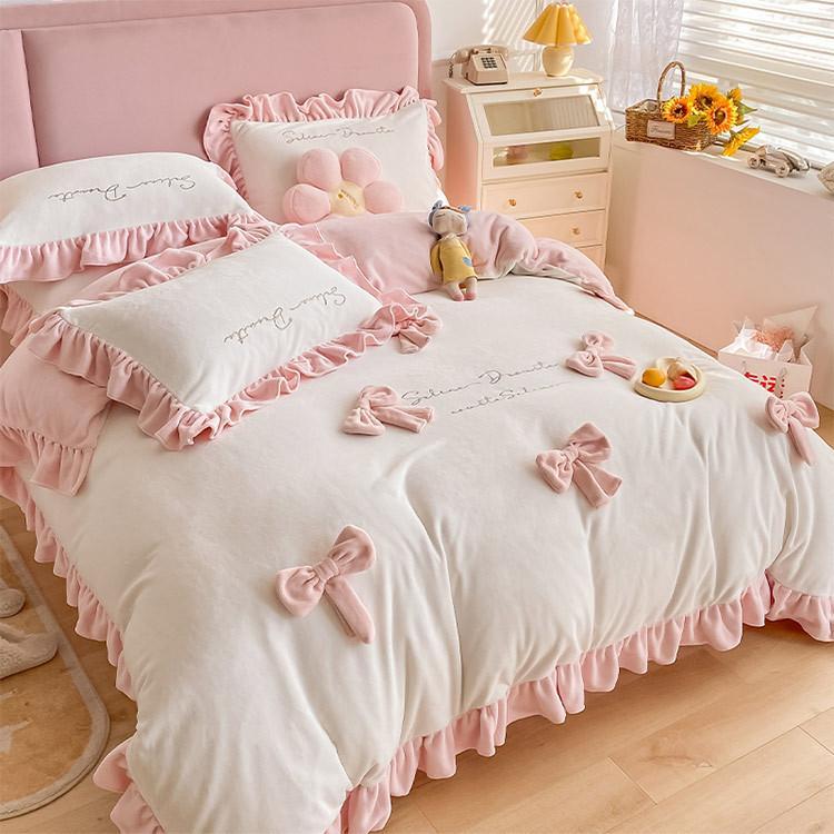 布団カバー フリル リボン 韓国風 可愛い 女の子 敷カバーセット 4点