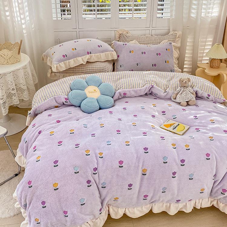 特価】全9色 布団カバー パープル 花柄 チェック フリル 韓国風