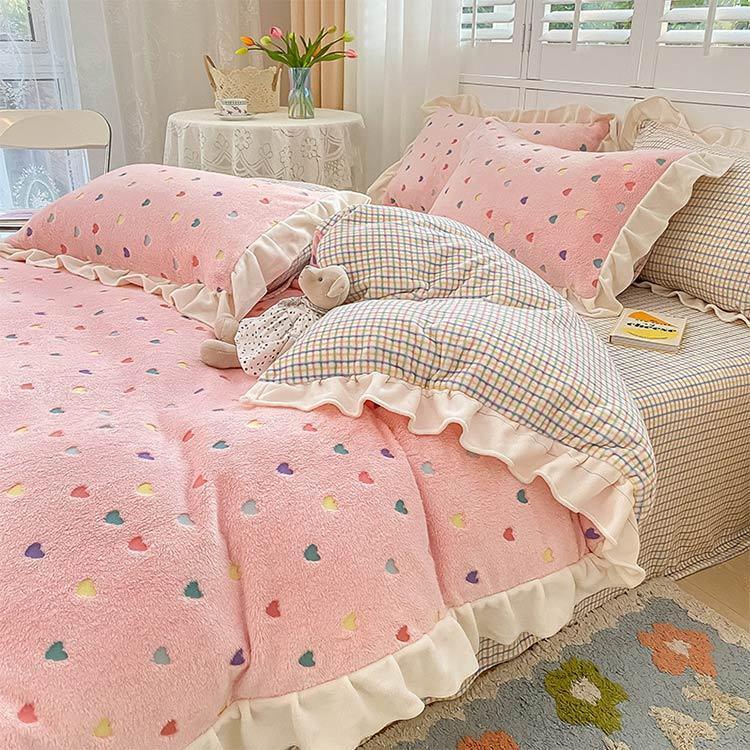 薄紫 花柄 フリル付きカバーセット セミダブル 特価】全9色 布団カバー パープル 花柄 チェック フリル 韓国風